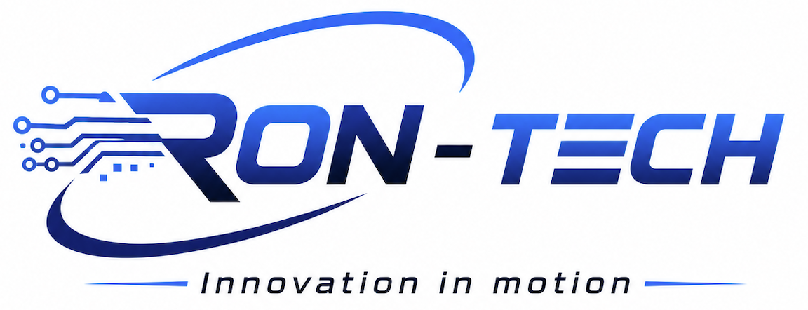 Blauw logo met circuitlijnen en tekst “RON-TECH” en “Innovation in motion” op witte achtergrond.